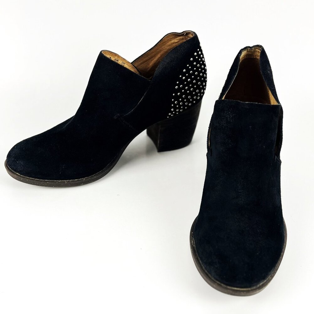 Naya Valerie Black Suede Bootie slip on Chunky heel silver studs Womens SZ 7.5